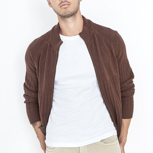 Men's Zip Up Sweater BROWN (MYK-004) - Picture 3 of 4